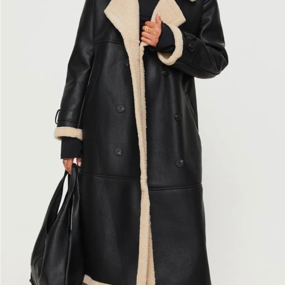 Oversized Longline Shearling Coat Black And Cream Sherpa Faux Leather